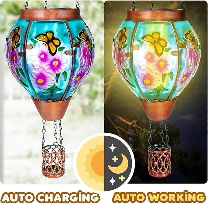 Solar Hot Air Balloon Lantern with Flame， Butterfly Glass Outdoor Solar Lanterns for Outside Hanging Farmhouse Patio Pathway Decor, Butterfly Gifts for Women Grandma Mom
