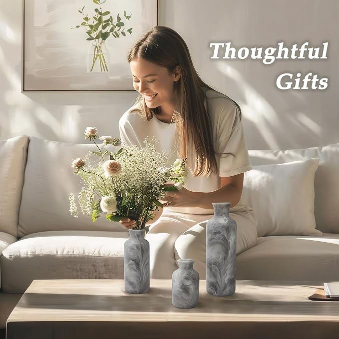 Resin 3 Piece Vase Set, Farmhouse Decor, Home Decorative Vase, Vases for Your Kitchen, Bedroom, Office, Living Room, Bathroom, & Shelf Centerpiece Table Decorations, Grey