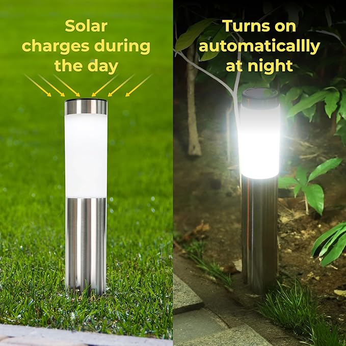 TECHKO Stainless Steel Outdoor Solar Bollard Path Lights (2-Pack), Solar Cylinder Pathway Lights (Stainless Steel)