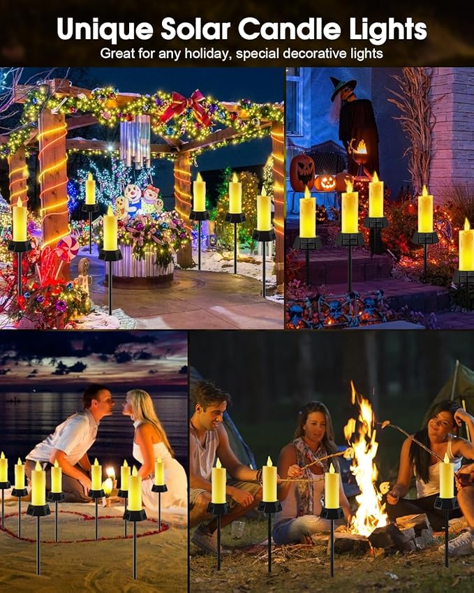 Solar Lights Outdoor Waterproof, Electric LED Flameless Candles with 3 Solar Panels, Solar Pathway Lights for Christmas Outdoor Party Yard Camping Garden Home Decorations, 2 Pack