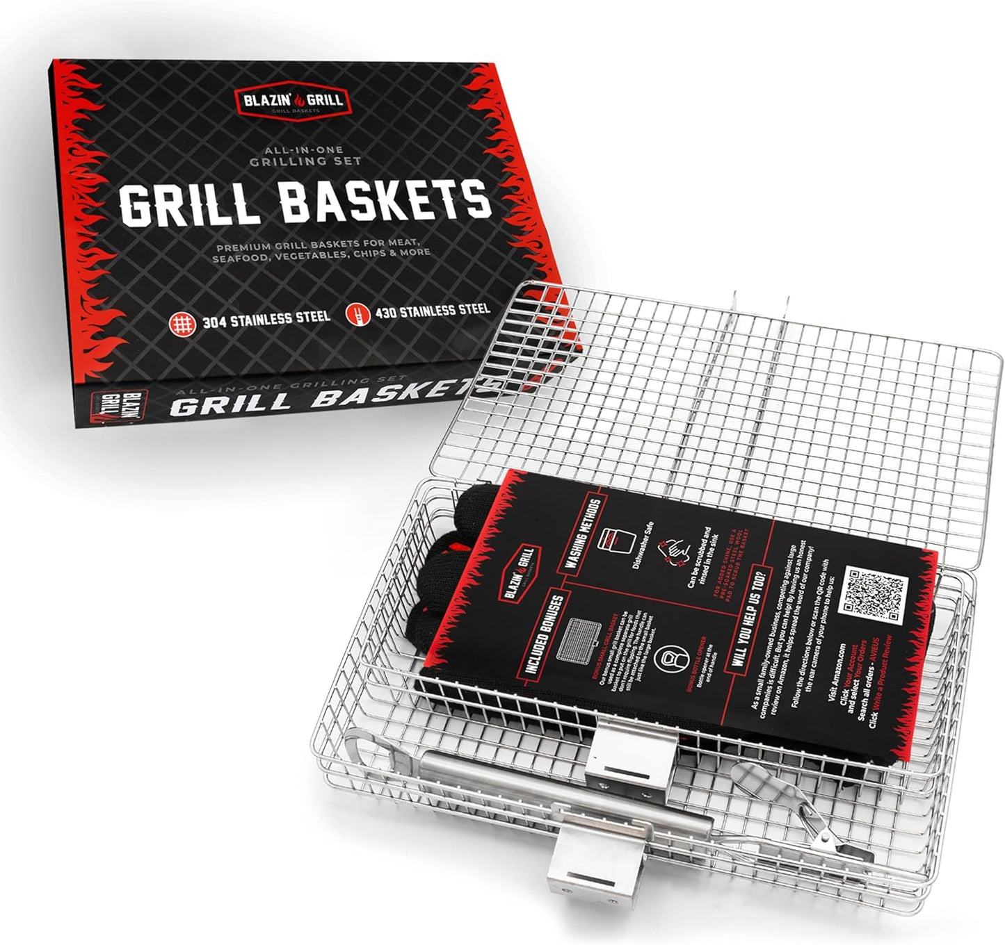 BLAZIN' GRILL Baskets for Outdoor Grill | 2 Grilling Baskets with Detachable Handle | Barbecue Grill Set with BBQ Gloves | Portable Camping Net Rack Perfect for Vegetables, Seafood & Meat