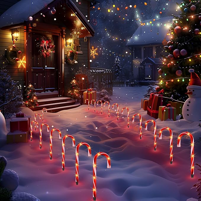 VCOKEN 10'' Christmas Candy Cane Pathway Markers Lights - Set of 10 Christmas Stakes Lights Outdoor Pathway Decorations, Connectable & Light Up Xmas Holiday Party Yard Art Indoor Outdoor Ornament