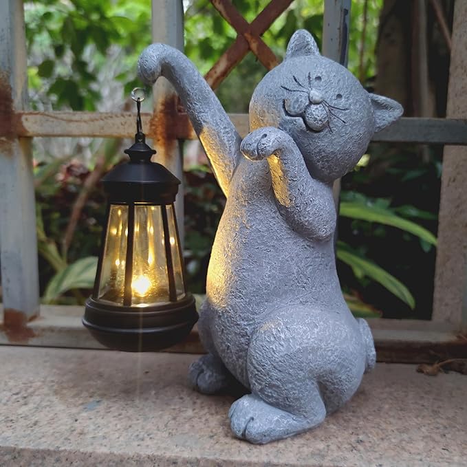Cat Solar Garden Statues,Resin Cat Figurine Decorations with Solar Lights Lantern, Outdoor Figurines Lawn Cats Statue Decor Art for Lawn,Yard, Balcony Ornament,Gift for Garden Home Mom.