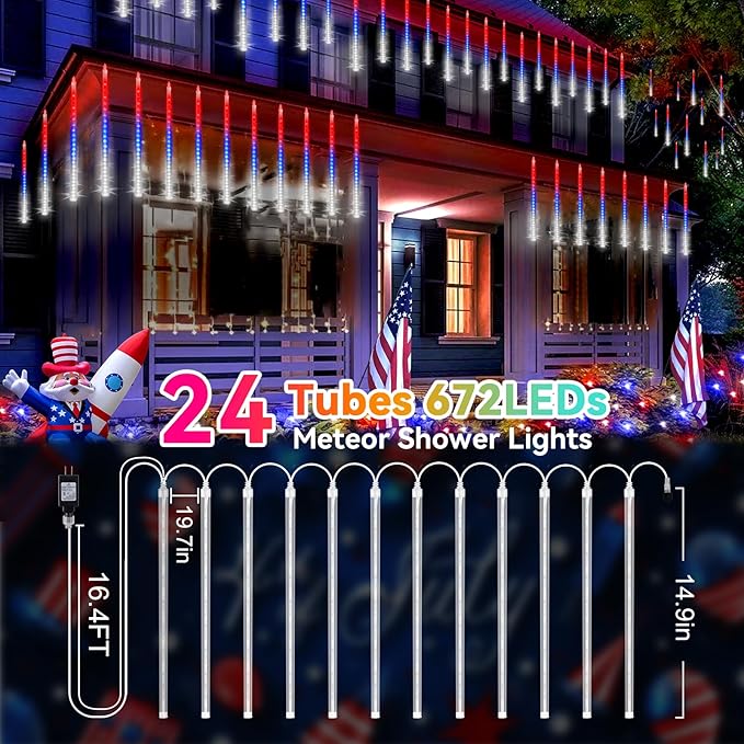 KNONEW 24 Tube Red White and Blue Meteor Shower Lights 4th of July Decorations,16 in 672 LEDs String Lights,52FT Plug in Waterproof Outdoor Lights for Independence Day House Tree Party Decor
