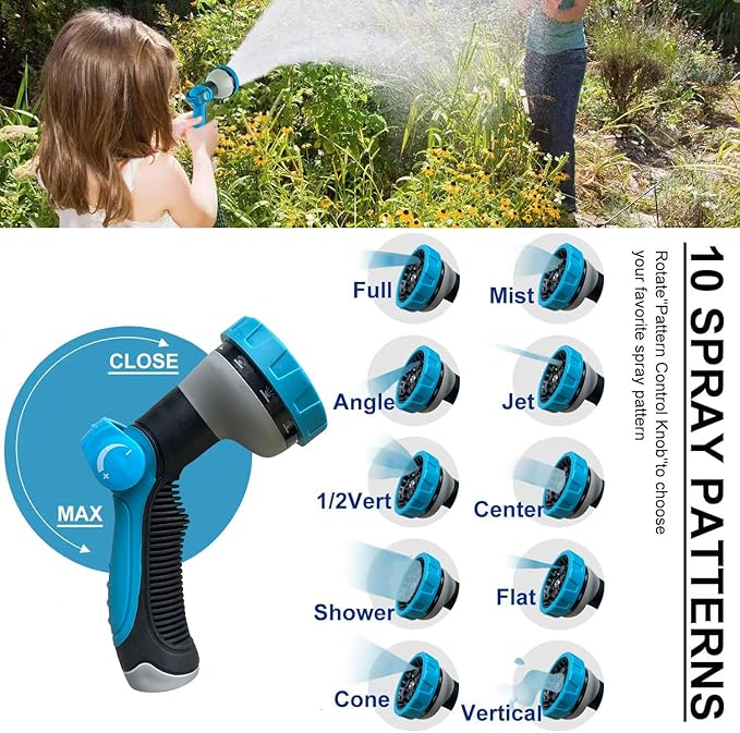 100Ft Non-Expandable Garden Hose, Flexible Water Hose with 10-Pattern Spray Nozzle, Lightweight Hose Pipe, Kink-Free, Leak-Proof, 3/4" Solid Metal Fittings