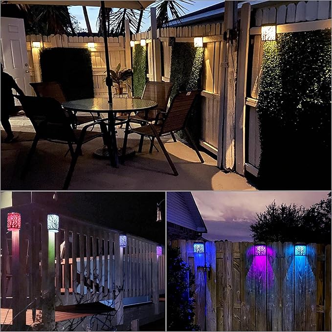 DenicMic Solar Wall Lights Outdoor Wall Sconce Fence Lighting for Patio Front Door Yard Deck Stair Led Forest Decorative Lamps, Waterproof, Warm White/Color Changing (4 Pack)