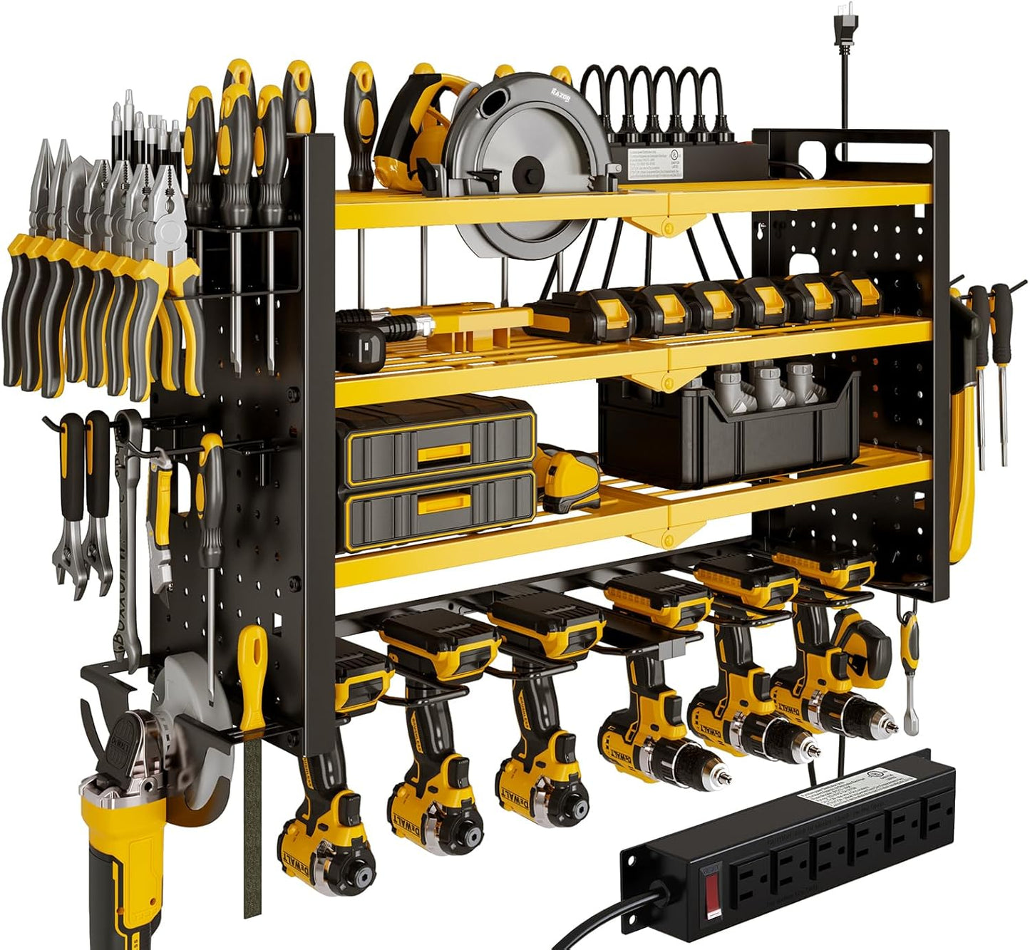 Power Tool Organizer Wall Mount with Charging Station 4 Layer 6 Slot Cordless Drill Holder with Angle Grinder Holder (Yellow)