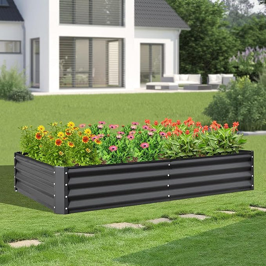 Domi Galvanized Raised Garden Bed, 8x4x1Ft Thickening Metal Planter Box for Vegetables Bottomless for Backyard Outdoor, 1" Deep w/ 228 Gallon Capacity - Dark Gray