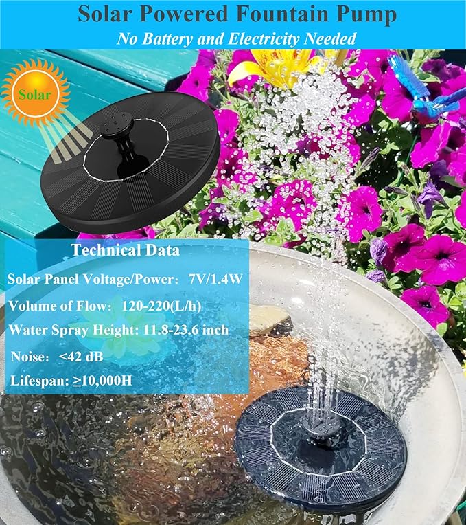 Solar Bird Bath Fountain Pump with 6 Nozzle and Anti-Collision Pole,1.4w Solar Powered Free Standing Floating Water Pump for Fish Tank, Pond, Pool, Garden and Outdoor