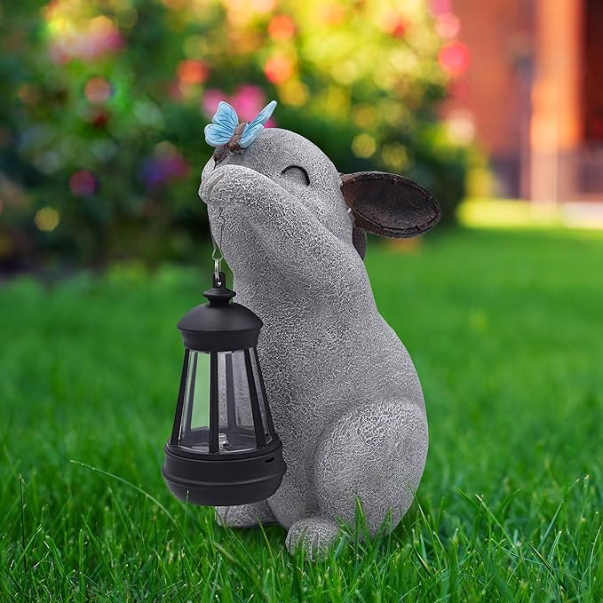 Solar Rabbit Statues for Garden Decor - Outdoor Bunny Figurine with Solar Lantern for Yard Patio Lawn Balcony Ornaments - Garden Gifts for Mothers Day, Grandma, Easter