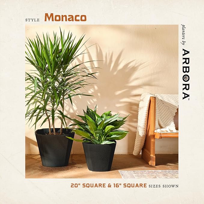 ARBORA 16" Monaco Square Polyresin Indoor and Outdoor Planter with Classic Black Finish - Durable, Weatherproof, Lightweight, Large Plant Pot for Patio, Garden, Deck, Entryway