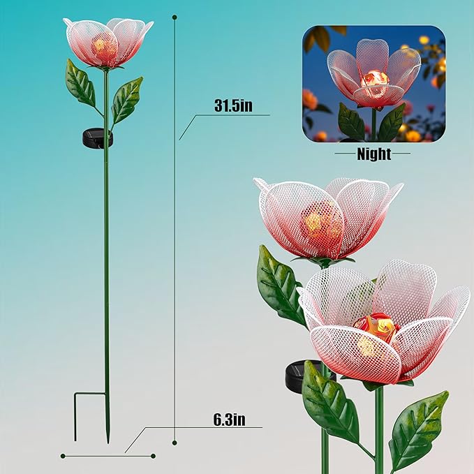 Solar Lights Outdoor Garden, 2 Pack Solar Powered Metal Flowers LED Breathing Light Waterproof,Solar Flowers for Outside Patio Lamp,Garden Gifts for Women,Landscape Lighting,Yard Pathway Decor
