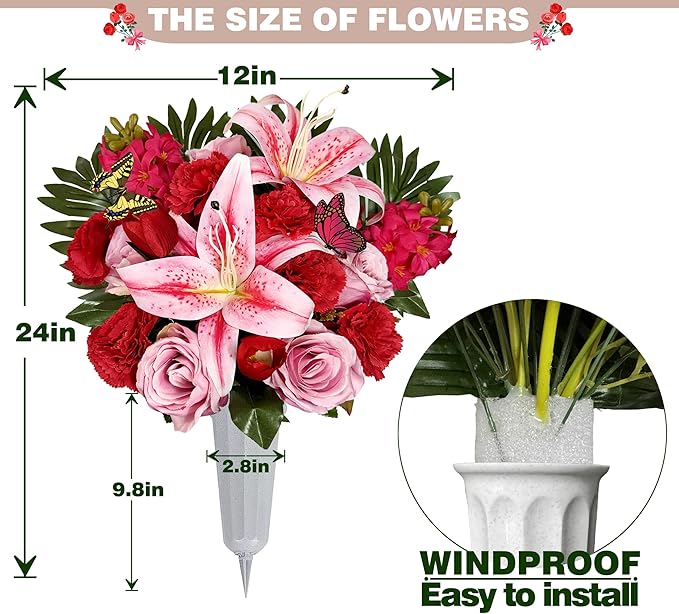 Handmade Cemetery Flowers with Vase for Grave Decor, Artificial Headstone Flower, Bright and Colorfast,Pink Rose Lily/Red Carnation