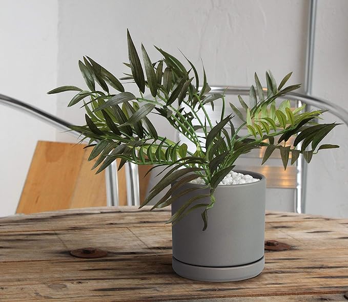 Set of 2 Plants Pots, 8 Inch Ceramic Planter Pot for Plants with Drainage Hole and Saucer, Speckled Grey, 94-V-D-3