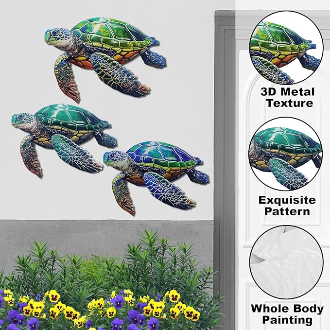 John's Studio 3Pcs Metal Turtle Sea Wall Decor Outdoor Garden Hanging Art Sculptures Home Ocean Theme Decorations for Kitchen Bathroom and Pool