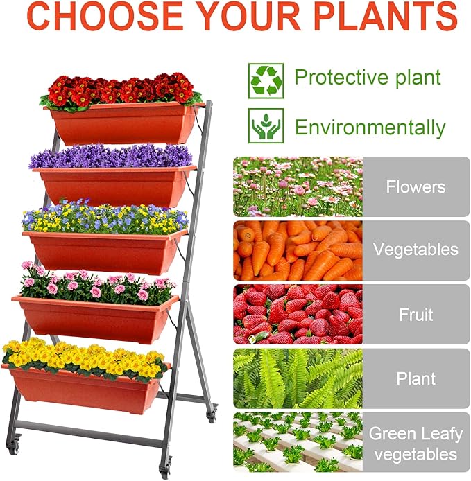 EDOSTORY 4.5 FT Height Vertical Garden Planter Removable Brick Red Raised Bed Box with 5 Container Boxes,Digging Claw Gloves,Trowel,Purning Shears for Outdoor Vegetables Flowers