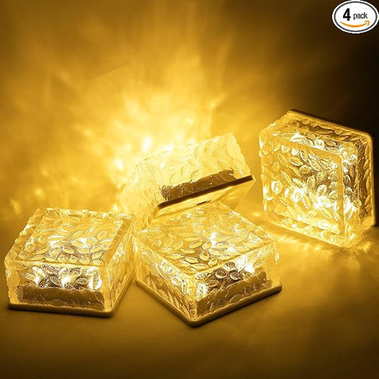 4Pack Solar Brick Lights,4.3 * 4.3in Outdoor Solar Lights,Pavers Lights,Solar Pathway Lights Outdoor Waterproof for Garden Courtyard Pathway, Ice Rock Cube Lights