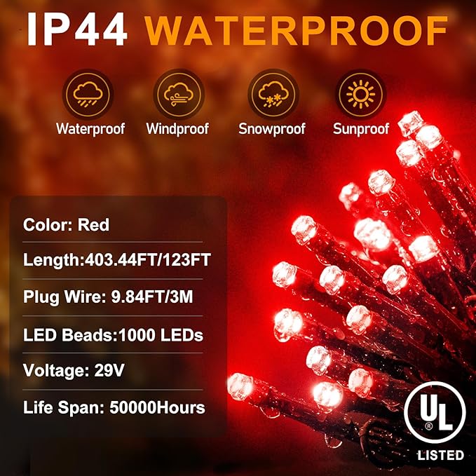 KNONEW 403FT 1000 LED Christmas String Lights Outdoor Green Wire Fairy Light 8 Modes & Timer Plug in Waterproof LED String Lights for Xmas Yard Tree Wedding Party Holiday Decorations(Red)