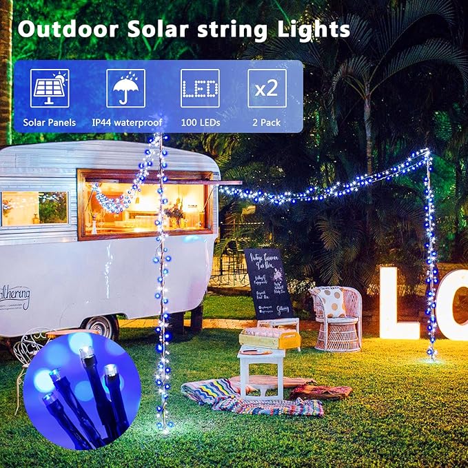 JMEXSUSS 2 Pack Blue and White Solar String Lights, Each 100 LED 33ft Solar Christmas Lights Outdoor Waterproof, 8 Modes Green Wire Solar Lights for Outside Garden Patio Party Decoration