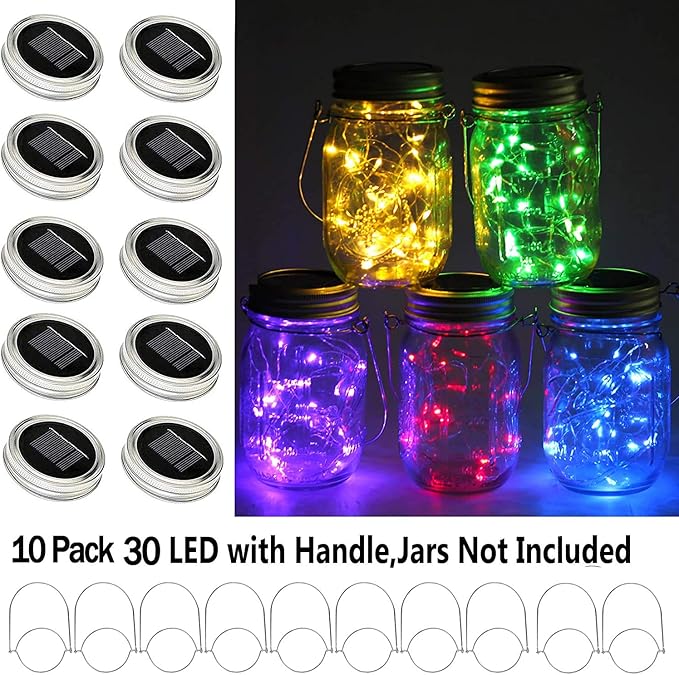 Mason Jar Solar Lights 10 Pack 30 LED Outdoor Solar Firefly Lights, Solar Fairy String Lids Lights,Waterproof Mason Solar Lights with Hangers for Regular Mouth Jars Christmas Gifts(Jars Not Included)