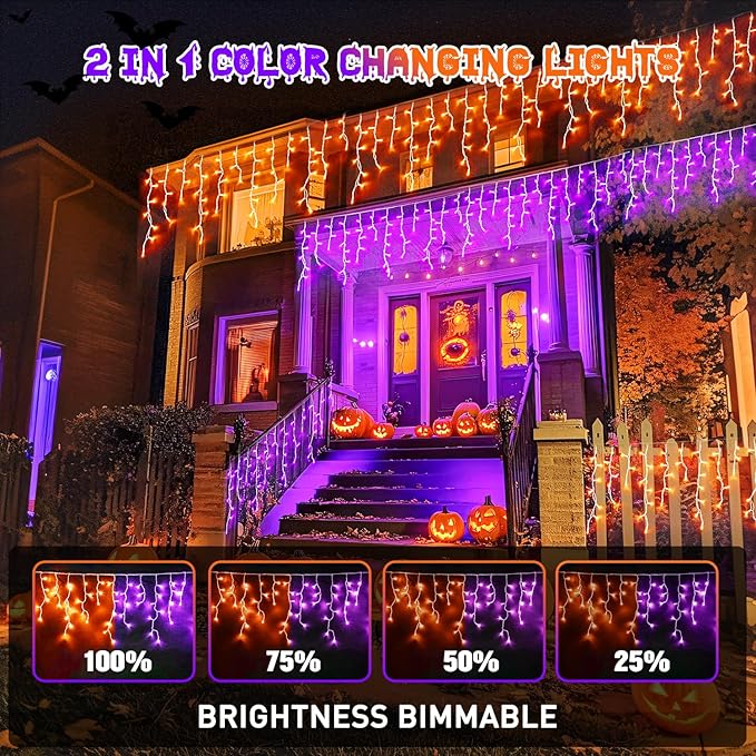 JMEXSUSS Halloween Icicle Lights, 400 LED, Orange to Purple, Waterproof, Outdoor, 43.64 ft, Remote Control, 40 Drops, Multicolor, Traditional Style, Halloween, Christmas Decorations