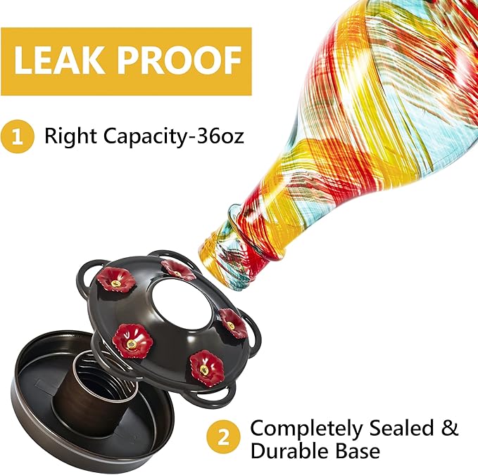 LUJII Hand Blown Glass Hummingbird Feeder for Outdoors Hanging with Ant Moat, 36 fl.oz, Leak Proof & Rustproof, Metal Base with 5 Feeding Ports & 5 Perches, Unique Garden & Backyard Decor (Ribbon)