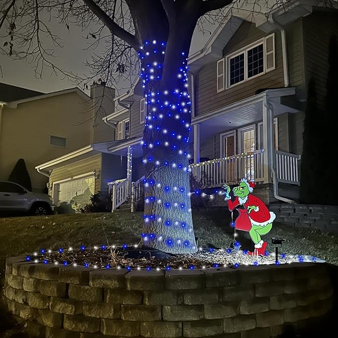 QITONG 4 Pack Blue and White Solar Fairy Lights, Each 33ft 100 LED String Light, 8 Modes Silver Wire Solar Twinkle Lighting for Tree Garden Yard Christmas