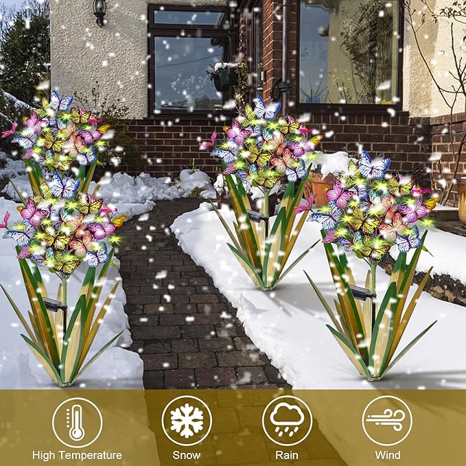 Solar Metal Agave Butterfly Flower Stick Garden Sculpture Outdoor Gift Solar Garden Christmas Lights Swaying Butterfly Garden Lights Solar Outdoor (2 PCS Light Green)