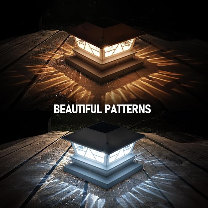 TW SHINE 2 Pack Solar Outdoor Fence Post Lights, 2 Modes Post Cap Lights Waterproof Warm White/Cool White for Yard, Garden, Porch, Patio Decor, for 4x4 5x5 6x6 Wood Posts, White