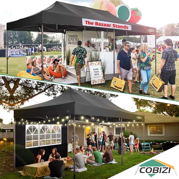 COBIZI 10x20 Pop Up Canopy Heavy Duty with 6 Sidewalls, Commercial Heavy Duty Pop Up Tent for Parties All Weather Waterproof and UV 50+ Wedding Tent with Roller Bag(Legs Upgraded),Black