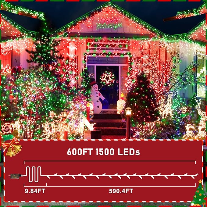 KNONEW 600ft 1500 LED String Lights Outdoor Christmas Lights 8 Modes & Timer Fairy Light Plug in Waterproof LED String Lights for Xmas Yard Tree Wedding Party Holiday Decorations (Red and Green)