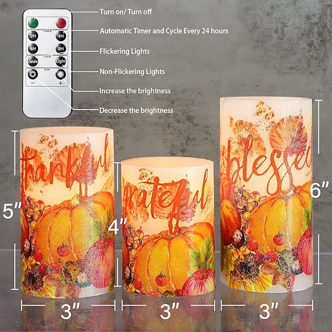 Thanksgiving Blessings LED Candles Pumpkin Glitter Desgin Real Wax Flickering Flameless Fall Harvest Battery Operated with Remote Timer 6H for House Warming Gifts New Home Table Tary Decor
