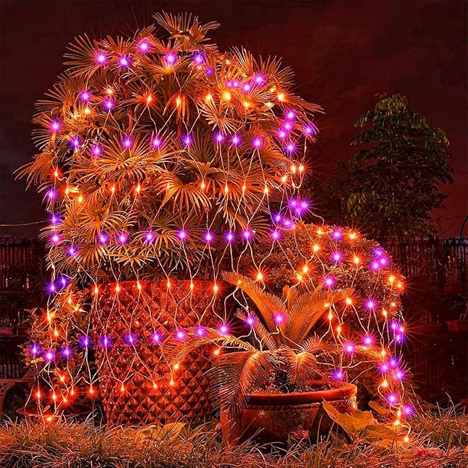 LJLNION Halloween Net Lights, 360 LED 12ft x 5ft Connectable Mesh Fairy String Lights, 8 Modes Low Voltage Safe Adaptor for Xmas Trees Bushes Wedding Outdoor Garden Yard Decorations, Orange & Purple