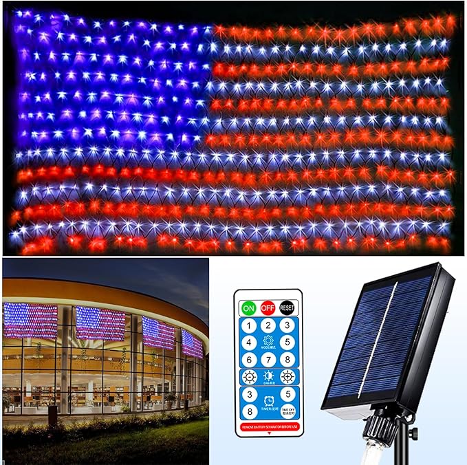 Solar American Flag String Lights - Waterproof 420 Led Solar Powered Flag Net Light for 4th of July Memorial Day Decorations Yard Garden Christmas Festival Holiday Patriotic Party Decoration Outdoor