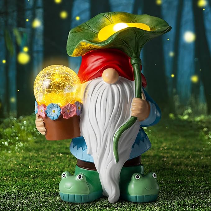 Garden Gnome Decor, Solar Gnomes Decorations Outdoor Gnome Statue Figurine with Solar LED Lights for Outside Lawn Patio Yard Gifts for Mom/Grandma/Birthday