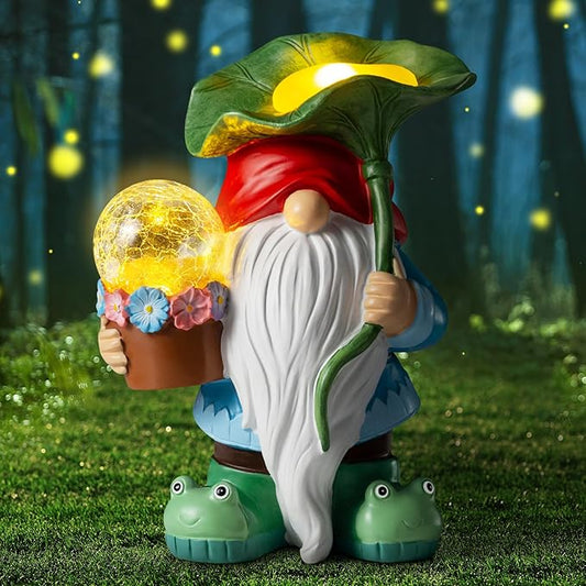 Garden Gnome Decor, Solar Gnomes Decorations Outdoor Gnome Statue Figurine with Solar LED Lights for Outside Lawn Patio Yard Gifts for Mom/Grandma/Birthday