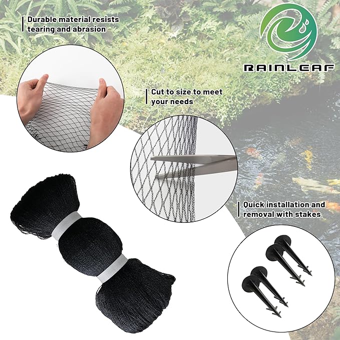 Rainleaf Pond Netting, 14' x 20' Pond Net Cover, Koi Pond Netting for Leaves, Heavy Duty Koi Pond Net Protecting Koi Fish from Herons, Stakes Included, Snare Nets