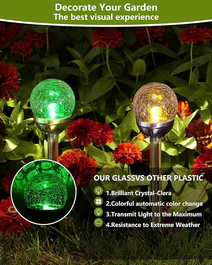 Solar Garden Lights Cracked Glass for Outdoor Waterproof Landscape Pathway Decorations 7 Colors Changing 6 Packs