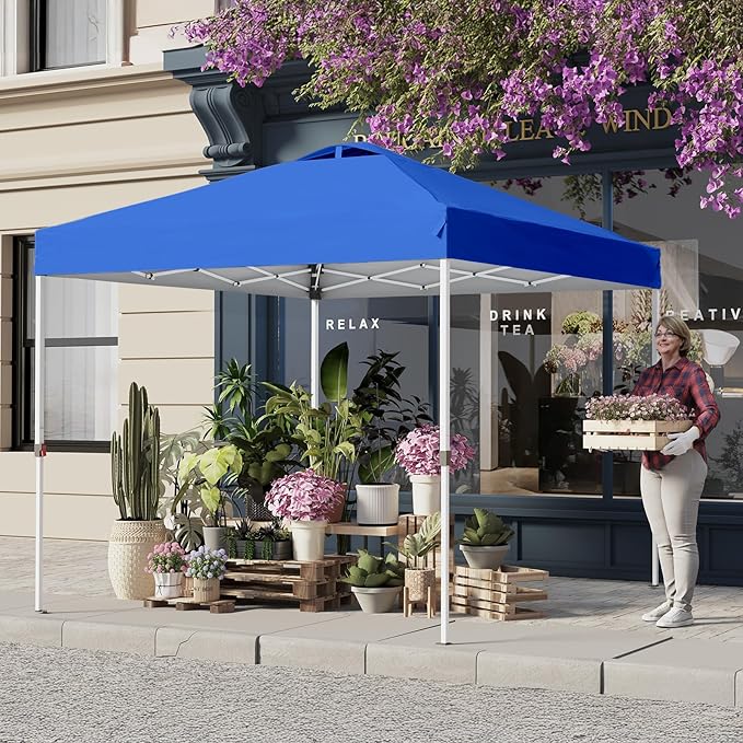 Shades 10x10 Pop Up Canopy with One Push Setup,Heavy Duty Beach Tent with Wheels for Easy Moving, Sun Shelter for Parties,Events, Outdoor Gazebo with 420D Coated Waterproof Blue Fabric