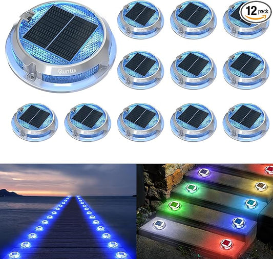 Quntis RGB Solar Deck Lights 12 Pack, 11 Lighting Modes Solar Driveway Lights Outdoor Waterproof IP68, Step Light for Outside, Deck Light for Stair Pathway Walkway