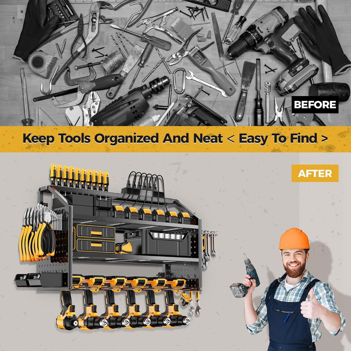 LBT 4 Layer Power Tool Organizer Wall Mount With Charging Station, Patented, 6 Outlet Power Strip, 6 Drill Holder, Heavy Duty Metal Garage Tool Storage Rack, Gifts For Men Fathers Day