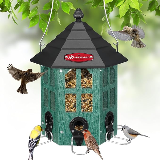 Kingsyard Wild Bird Feeder for Outdoor Hanging, Recycled Plastic Bird Feeders with 6 Ports & U-Shape Perch, Garden Yard Outside Decoration, 3.5 lbs Seed Capacity, Green