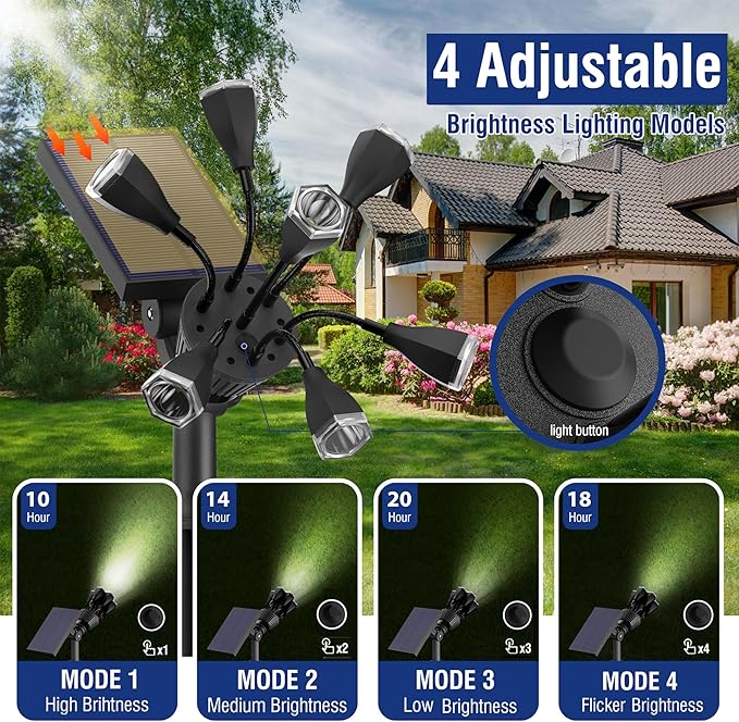 Solar Lights Outdoor Waterproof IP68, 360° Adjustable 4 Modes Solar Powered Spot Lights for Yard Garden Landscape, Bright Led Flood Lightings for Outside Wall Tree House Pathway (Cold White/2 Pack)