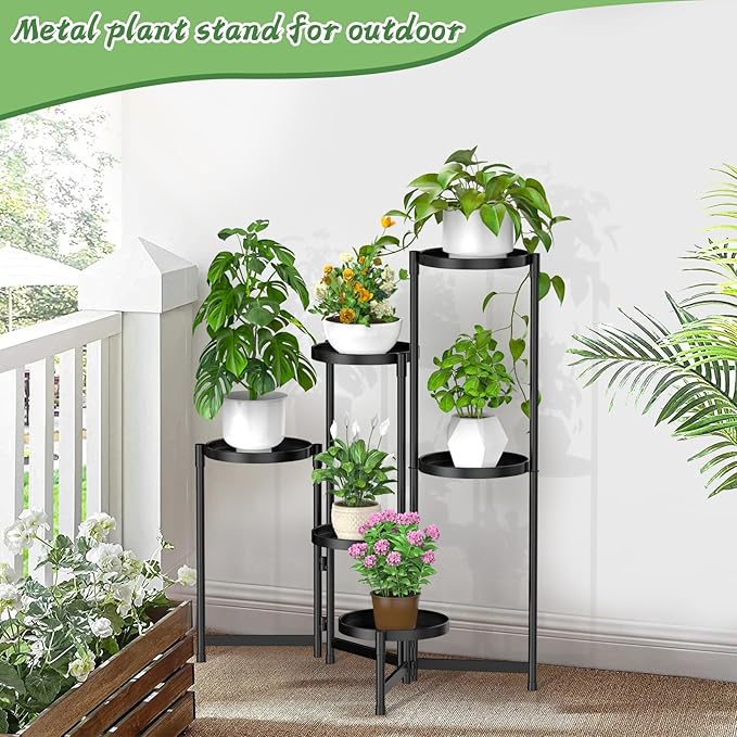 MOKANI Metal Plant Stand Indoor Outdoor for Multiple Plants, 6 Tiered Folding Corner Shelf Tall Flower Pot Holder Display Rack for Patio Living Room Balcony Garden, Black