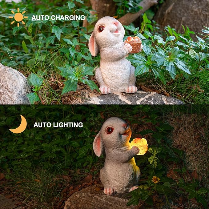Solar Rabbit Garden Statues Outdoor Bunny Decor Resin Rabbit Figurine Holding Mushroom with LED Lights for Porch Patio Lawn Yard Christmas Housewarming Gardening Gifts for Mom Grandma