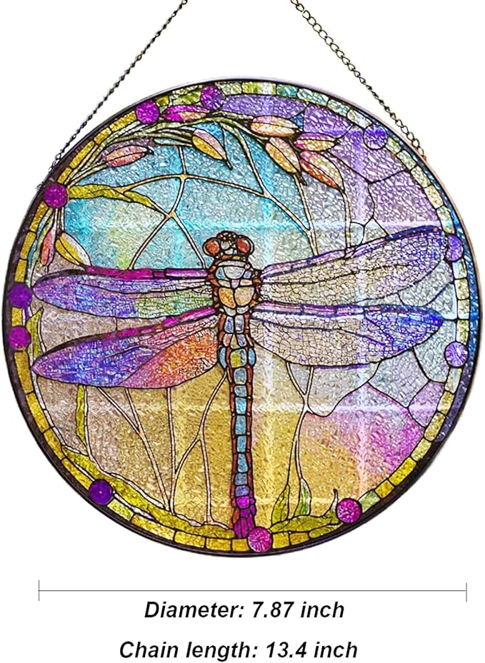 Dragonfly Stained Glass Suncatcher Artistic Window Hanging,7.8” Hand-Painted Glass Panel Wall Home Decor,Gift for Women Garden Decor Suncatcher (Dragonfly), BL009