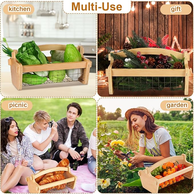 Large Garden Hod Harvest Basket 13 x 9 x 7 Inch, Wooden Harvesting Basket with Handle for Gardening Gathering Gardener Gifts for Wedding Flower Centerpiece Washing Holding Fruits Vegetables