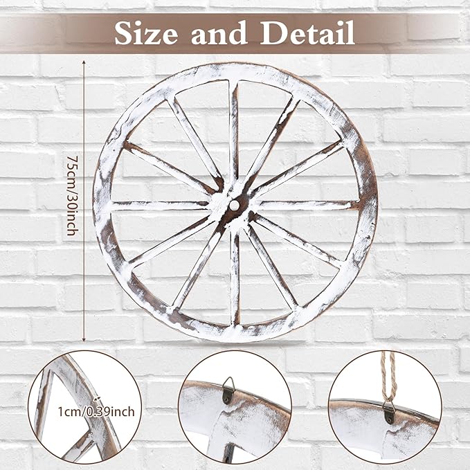 Wood Wagon Wheel Decorative Old Western Style Wagon Wheel Decor Vintage Rustic Wall Hanging Wood Cartwheel Decor for Garden Bar Patio Garage Farmhouse(30 Inch,White)