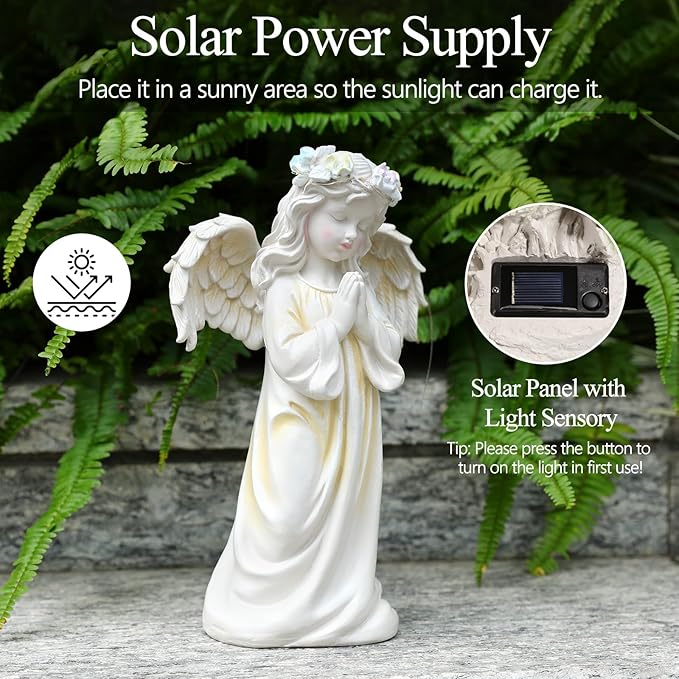 Angel Garden Statue,Memory Guardian Solar Garden Decor with Warm Light,Waterproof Outdoor Garden Decor Praying Angel Figurine Sculpture for Lawn Yard Patio,Sympathy Gift,White