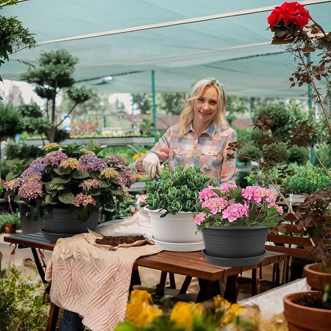Large 4 Pack13 inch Plant Pots, Round Plastic Pots for Plants, Outdoor Planters with Drainage Hole & Tray Saucer, Decoration Large Flower Pots for Indoor Outdoor Garden Home Plants (White)
